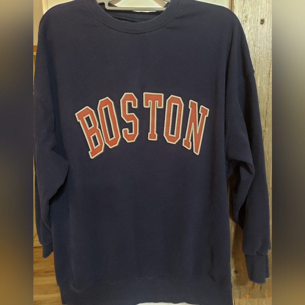 Boston Spell Out Vintage Navy Blue Sweatshirt Y2k Women Oversized Large